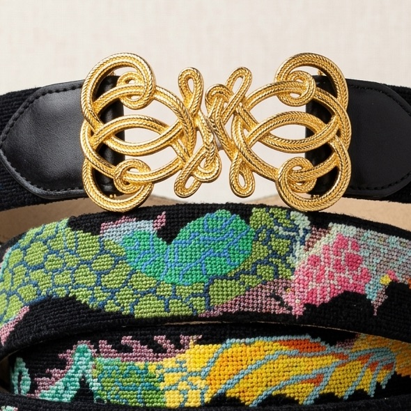 Rare Vintage Artisan Custom Needlepoint Dragon Belt